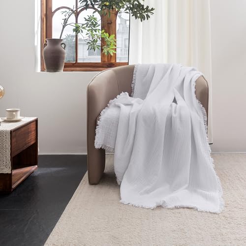 FOSSA Muslin Blanket 4-Layer 100% Cotton Gauze Blanket with Fringe 50"x70" - color: Bright White, size: Throw XL (50" × 70")