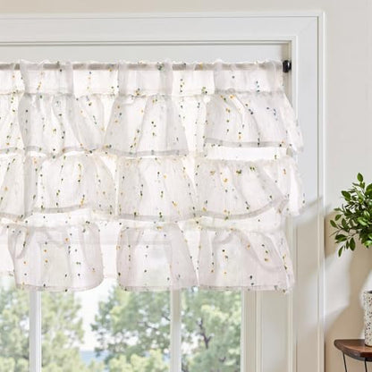 jinchan Mini Pom-Pom Ruffled Valance for Windows 18 Inch 1 Panel Green - color: Dottie Sunlit Grove