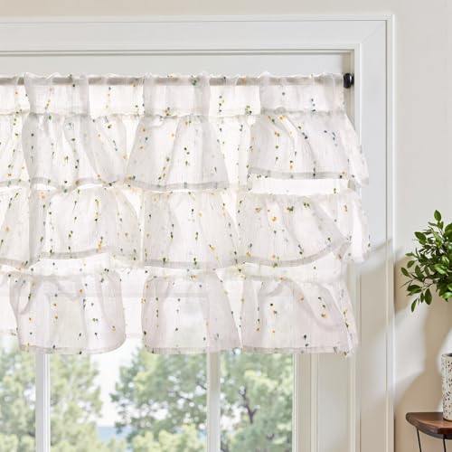 jinchan Mini Pom-Pom Ruffled Valance for Windows 18 Inch 1 Panel Green - color: Dottie Sunlit Grove
