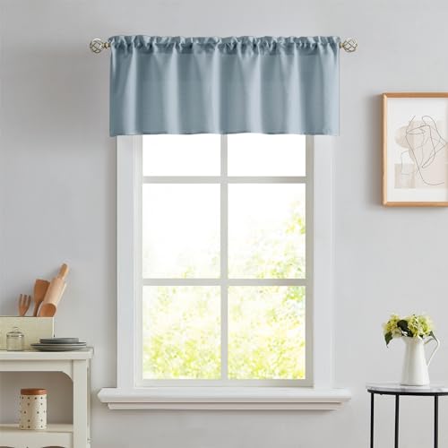 Melodieux Dusty Blue Semi Sheer Curtain Valance for Kitchen Cafe Small Windows Linen Rustic Rod Pocket Valance, 52 by 18 Inch, 1 Panel - color: Dusty Blue, size: 52"W x 18"L (Pack of 1)