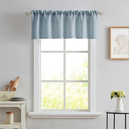 Melodieux Dusty Blue Semi Sheer Curtain Valance for Kitchen Cafe Small Windows Linen Rustic Rod Pocket Valance, 52 by 18 Inch, 1 Panel - color: Dusty Blue, size: 52"W x 18"L (Pack of 1)