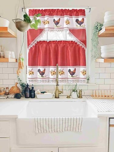 Generic 3-Piece Set Embroidered Window Curtain 2 Panels 1 Valance for Kitchen Restaurant Bar BR (Red BR-35) - color: Red Br-35