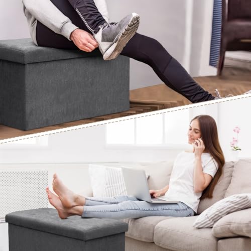 Athena Collection 30" Storage Ottoman Bench Folding Bench with 90L Hidden Storage, Large End of Bed Bench Linen Foot Rest Stool Chest with Flipping Lid for Living Room, Bedroom, Entryway, Dark Gray - color: Dark Gray, style: 30" Linen
