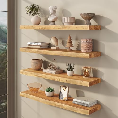 fuqing Live Edge Floating Shelves for Wall, 36 Inch Solid Elm Wood Shelves - color: Natural Elm Live Edge - 8"d, size: 36"L - 2Packs