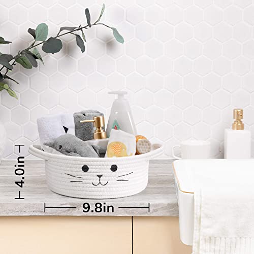 Small Woven Rope Cat Toy Basket with Cat Face Design, White - color: White, size: 9.8"W x 4"H