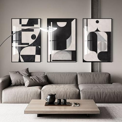 QKF 3Pcs Black White Geometric Textured Crystal Framed Canvas Wall Art Set - color: Retro Black And White, size: 16" X 24" X 3 pieces