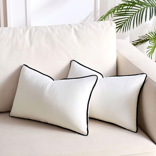 Decorative Throw Pillow Covers 12x20 Rectangle Pillow Cases Set of 2 with Black Trim Modern Decorative White Couch Pillow Covers Minimalist Style Farmhouse Throw Pillows Covers for Living Room - color: White, size: 20" x 12" (Pack of 2)