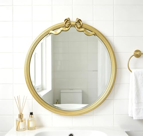 25" Round Wall Mirror with Gold Bow, Metal Frame Decorative Hanging Circle Mirror