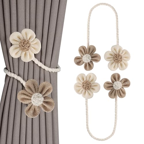 Meplait 2 Pack Flower Curtain Tiebacks, Boho Curtain Holdbacks, Beige&Khaki - color: A Flower-beige & Khaki