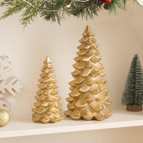 Gold Christmas Tree Figurines Set of 2, Resin Golden Tabletop Christmas Trees, Brass Gold Christmas Decor for Mantel, Shelf, or Tabletop Display, Christmas Holiday Decoration - color: Christmas Tree