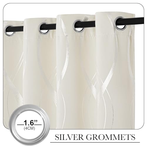 NICETOWN Beige Kitchen Curtains Small Blackout Panels 34 by 54 Inch, Set of 2, Window Treatment Thermal Insulated Solid Grommet Room Darkening Wave Line Foil Print Design Drapes for Cafe, Loft - color: 1 - Beige, size: 34"W x 54"L (Pack of 2)