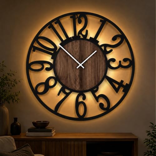 32" Silent Large Wall Clock – Glow Night Light, Battery Operated - color: Black Walnut - Arabic Numerals, size: 32 inch