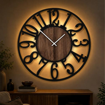32" Silent Large Wall Clock – Glow Night Light, Battery Operated - color: Black Walnut - Arabic Numerals, size: 32 inch