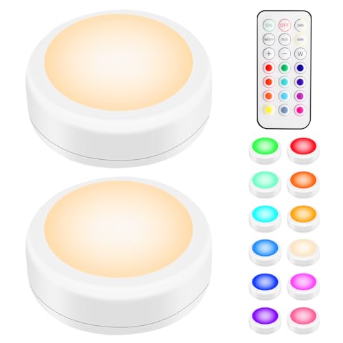 BLS LED Puck Lights with Remote Control, Wireless Under Cabinet & Closet Lighting, RGB 13 Color Changing Lights with Dimmer, Timer & AA Battery Operated, Push, Touch, Stick on for Night, White, 2 Pack - color: White, size: 2 Pack
