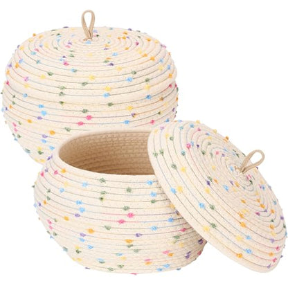 Sea Team Round Woven Cotton Rope Storage Basket with Lid, Rainbow, 2-Pack - color: Rainbow, size: Small/2-Pack