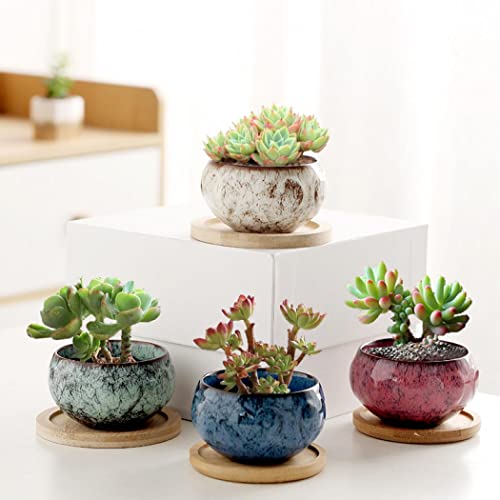 YYW 3 Inch Ceramic Plant Pot Set of 4 with Drainage and Bamboo Tray(Set 1) - color: Set 1, size: One Size