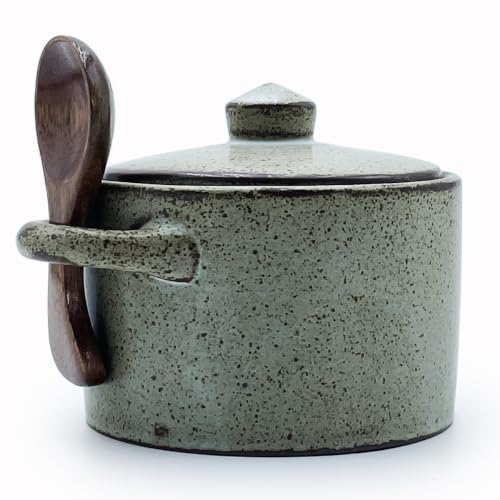 8 oz Ceramic Salt Cellar with Lid & Wooden Spoon,Countertop Salt Container,Sugar Bowl,Spices Jar|Terracotta Home Kitchen Decor(Coarse Pottery Color) - color: Coarse Pottery Color