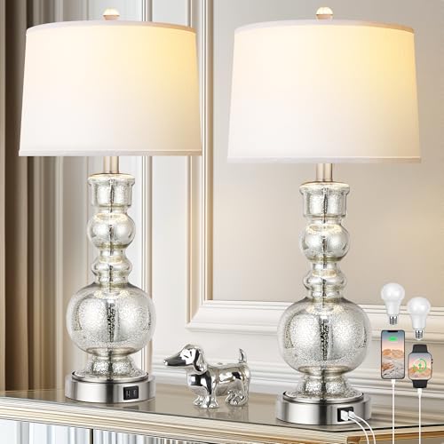 Hamucd 3-Way Dimmable Touch Control Clear Grey Glass Table Lamps Set of 2 with USB A+C for Modern Comtemporary Bedroom Nightstand Living Room Decor(Bulbs Included) (Mercury Silver) - color: Mercury Silver