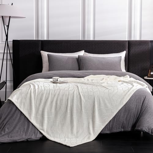Soft Cozy Fleece Queen Size Blanket, 90x90 Inches – Lightweight Plush Blanket for Bed, Fuzzy 3D Jacquard Design - Ivory White - color: Ivory White, size: Queen (90" x 90")