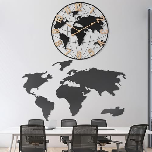 Pytha Sight 36 Inch Large Extra Metal Oversized Arabic World Map Wall Clock - color: Black Arabic, size: 36 inch