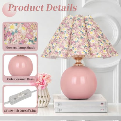 Pink Ceramic Small Table Lamp for Small Space, Cute Bedside Lamps Nightstand Mini Lamps, Scalloped Shade Lamp for Kitchen Counter, Bookshelf, Kids Dorm - color: Pink