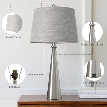 Oneach 25.75" Modern Table Lamp for Bedroom Set of 2, USB C Port, Silver - color: Brushed Nickel