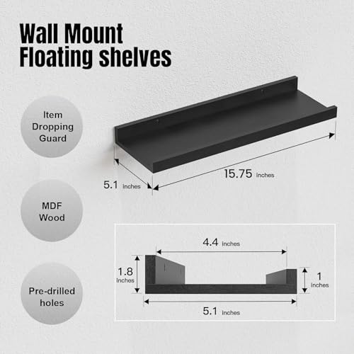 RICHER HOUSE 5-Set Floating Shelves with Lip, Black Wall Mounted Wood Shelf - color: Black, size: 16in