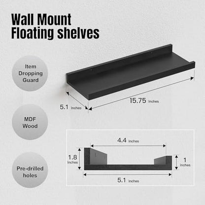 RICHER HOUSE 5-Set Floating Shelves with Lip, Black Wall Mounted Wood Shelf - color: Black, size: 16in
