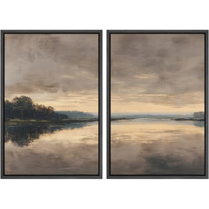 SIGNWIN Framed Canvas Print Wall Art Set Moody Sunset Lake Reflection Landscape Illustrations Modern Art Minimal Boho Relax/Calm for Living Room, Bedroom, Office - 16"x24"x2 Black - color: A29-2604-m09, size: 16"x24"x2 Panels Black