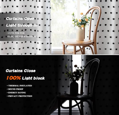 MYSKY HOME Blackout Curtains for Kids Bedroom 100% Light Block Out Thermal Insulated Curtain 63 Inches Grommet Room Darkening Curtains Privacy Window Drapes with Black Pom Pom Sheer 2 PCS, 50" x 63" - color: Black Pom Pom, size: 50"W x 63"L (Pack of 2)