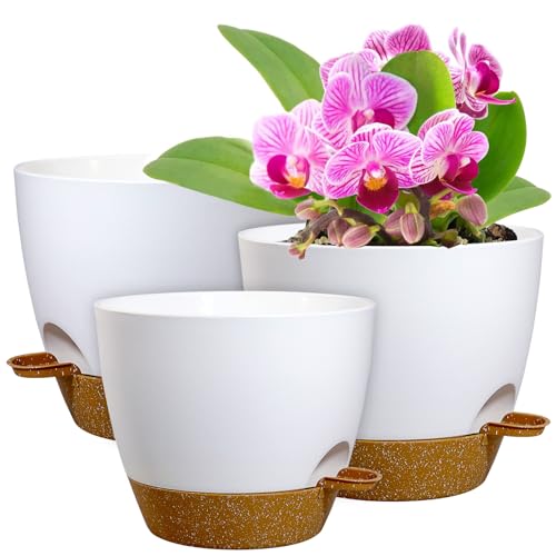 WSMKSZ 12/10/9 inch Self Watering Pots for Indoor Outdoor Plants, Set of 3 - color: White With Brown, size: 12"+10"+9"