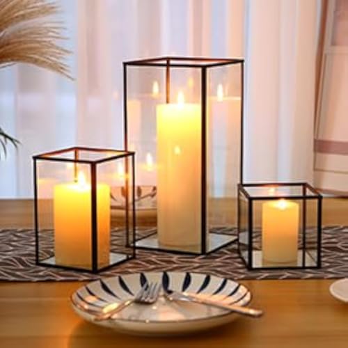 PHOSPHOR Glass Hurricane Candle Holder Set of 3 PCS Black Hurricane Candleholders for Wedding Party Holiday Birthday Home Decor Lanter - color: Black Set of 3 Pcs
