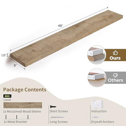 FLYJOE Floating Shelves - 8" Deep Rustic Reclaimed Barnwood Wall Hanging Shelves with Invisible Heavy-Duty Metal Bracket - Wall Mounted - Farmhouse Style - 48 inches, Distressed Natural - color: Distressed Natural, size: 48inches-1P