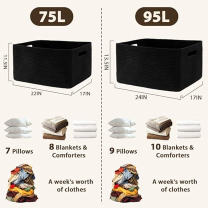 Optish 95L Large Woven Blanket Basket, Storage Basket with Handles, Black - color: Black, size: 24" x 17" x 13.5"(95L)