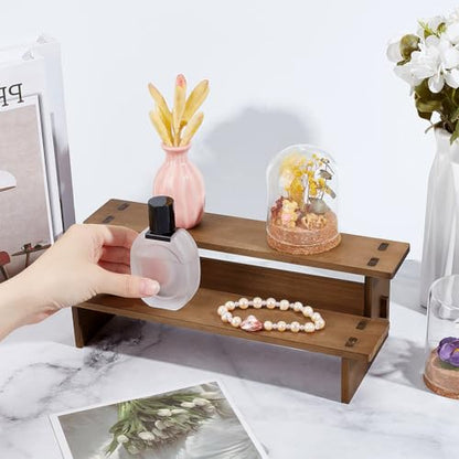 NBEADS 2-Tier Wooden Display Riser Shelf, 4.69x11.65x3.78 Inch Camel Tabletop Small Food Stand Risers Display Makeup Step Perfume Organizer for Fragrance Cosmetics Figure Collection
