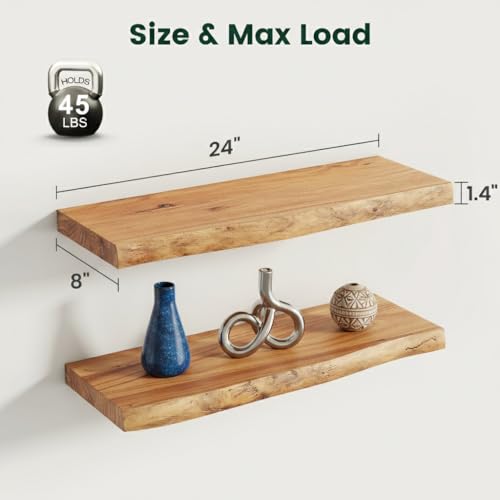 24in Live Edge Solid Elm Floating Shelves, Natural, Set of 2 - color: Natural Color, size: Live Edge 24 inch, 2Packs
