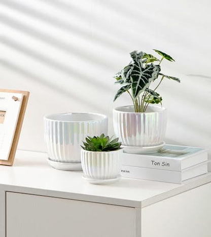 Plant Pots,Ceramic Flower Pots with Drainage Holes & Saucer Set of 3（Pearl） - color: Pearl White