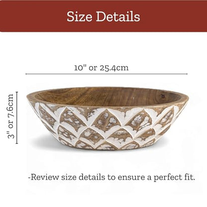 Mie Creations 10'' Decorative Wooden Bowl, Wood Serving Bowl for Fruits, Salad, Desserts, Snacks, Popcorn, Kitchen Counter | Rustic Table Centerpiece Thanksgiving Christmas Decor- 10x3 inch Whitewash