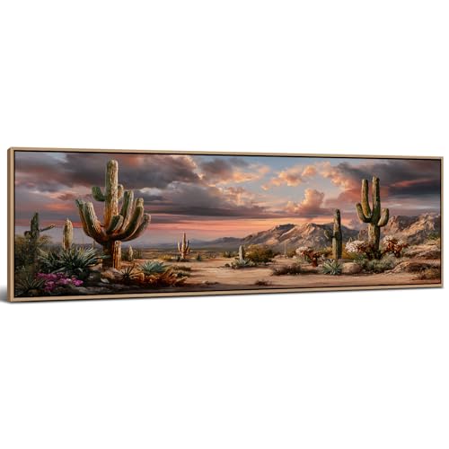 Southwest Desert Cactus Wall Art Neutral Framed Mexican Mountain Landscape Picture Canvas Prints Painting for Kitchen Living Room Abstract Watercolor Succulent Poster Artwork Home Decorations 14x48” - color: Cactus