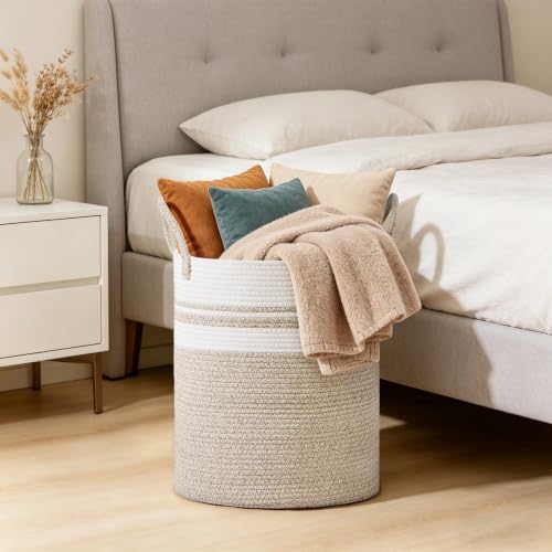 53L Tall Cotton Rope Laundry Basket with Handles, White & Brown - color: Brown & White, size: 53L