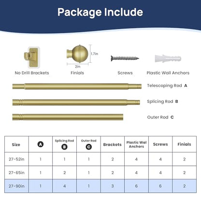 ENJOYBASICS Curtain Rods No Drilling for Renter, 28-84" Adjustable, Gold - color: Gold, size: 27-90"