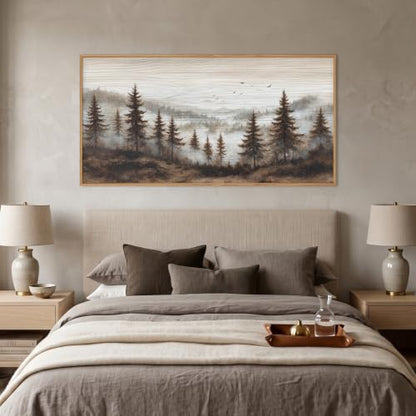 Aurlan Large Foggy Pine Tree Mountain Framed Canvas Wall Art Set-40"x20" - color: Foggy Landscape Wall Art, size: 40"L x 20"W