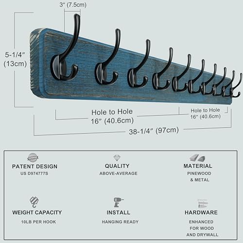 Dseap Coat Rack Wall: 38-1/4" Long, Patented, Heavy-Duty, 10-Double-Hooks Wooden Wall Mounted Coat Rack Coat Hanger Hook Rail for Winter Coats Hat Jacket Clothing, Weathered Blue, Pack of 2 - color: Weathered Blue & Black, size: L=38.3"(2pcs)