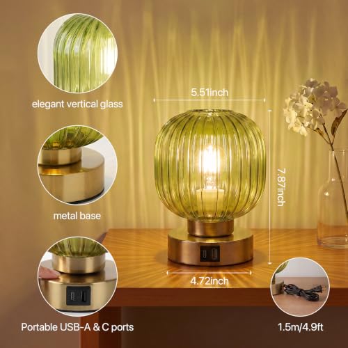 Elenhome Touch Small Table Lamp,Elegant Green Glass Bedside Lamp 3 Way Dimmable with USB C+A Charging Ports - Bedroom Nightstand & Living Room Essential, 4W Bulb Included (Green) - color: Green-USB1pack