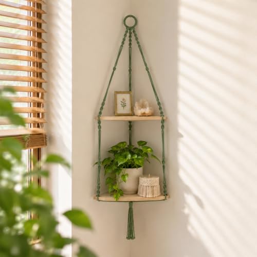 Artilady Corner Shelf Macrame Wall Hanging, Adjust Boho Storage Art, 2 Tier - color: Macrame Green B