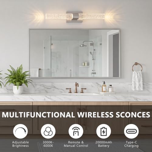 Battery Operated Wall Sconces Set of 2, 20000mAh Rechargeable Wall Light | Remote Control,3000K-6000K Dimmable LED Wireless Sconces,Brushed Nickel,20.9 Inch - color: Nickel, size: 20.9 Inch