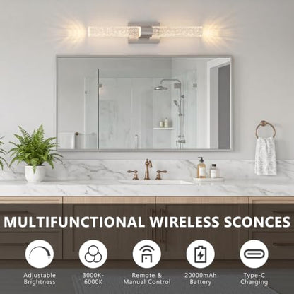 Battery Operated Wall Sconces Set of 2, 20000mAh Rechargeable Wall Light | Remote Control,3000K-6000K Dimmable LED Wireless Sconces,Brushed Nickel,20.9 Inch - color: Nickel, size: 20.9 Inch