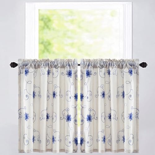 VOGOL Blue Floral Vine Embroidered Tier Curtains, 30 x 36 Inches, 2 Panels - color: Hy-blue, size: 30"W x 36"L (Pack of 2)