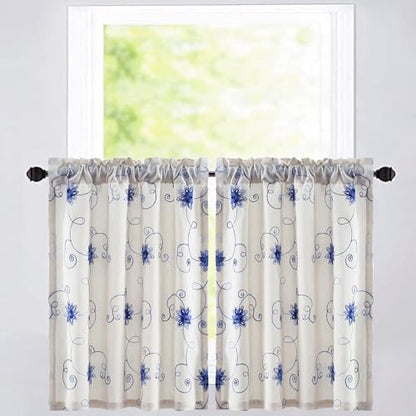 VOGOL Blue Floral Vine Embroidered Tier Curtains, 30 x 36 Inches, 2 Panels - color: Hy-blue, size: 30"W x 36"L (Pack of 2)