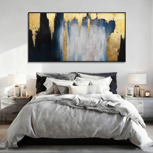 Large Framed Blue Gold Abstract Canvas Wall Art for Living Room 29x58 Inch - color: Blue and Gold, size: 58"L x 29"W